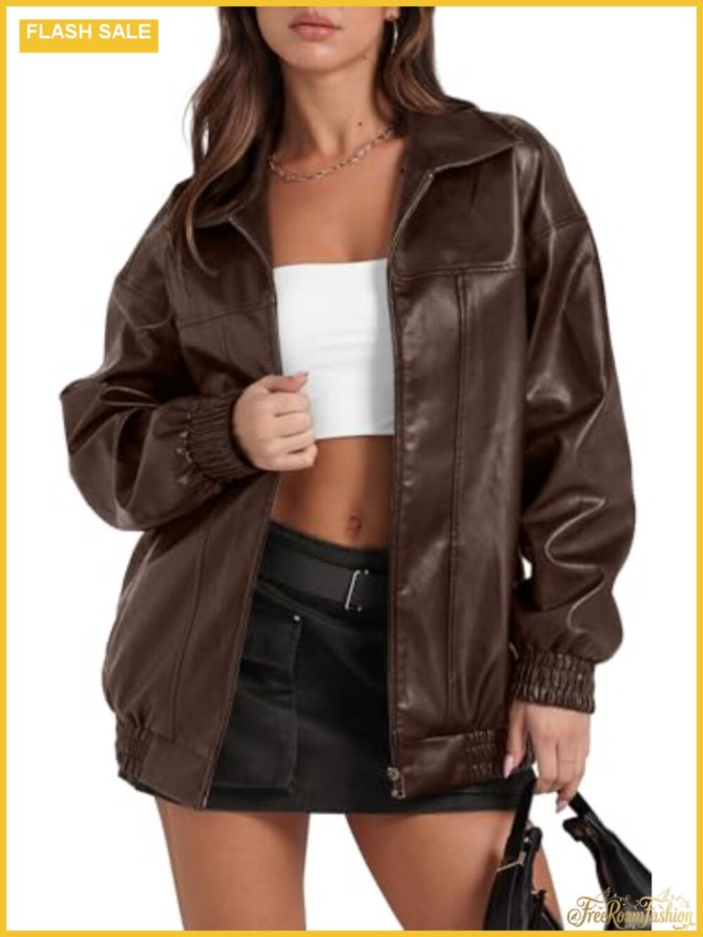Women's Faux Leather Oversized Motorcycle Bomber Jacket Y2K Trench Coat